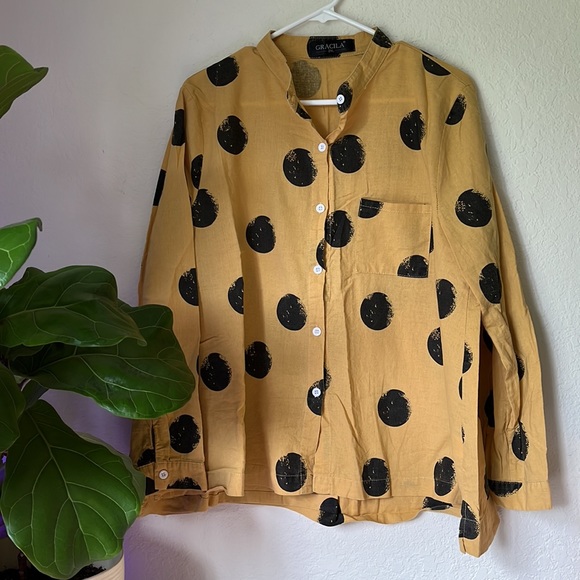 GRACILA Mustard Yellow Black Polka Dot Button Down Shirt - Picture 1 of 11